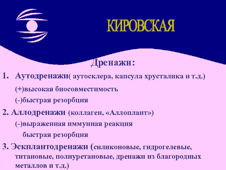 Дренажи: 1. Аутодренажи( аутосклера, капсула хрусталика и т. д. ) (+)высокая биосовместимость (-)быстрая резорбция