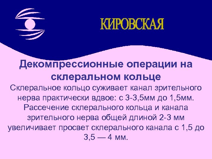 Декомпрессионные операции на склеральном кольце Склеральное кольцо суживает канал зрительного нерва практически вдвое: с