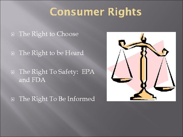 Consumer Rights The Right to Choose The Right to be Heard The Right To
