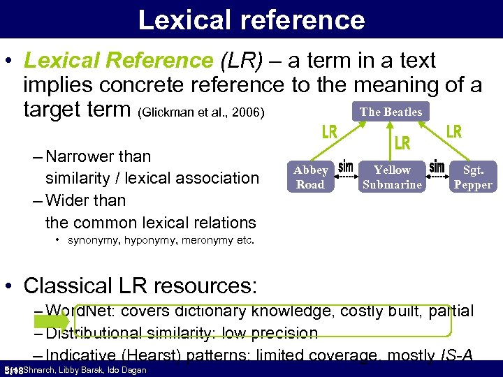 Lexical reference • Lexical Reference (LR) – a term in a text implies concrete