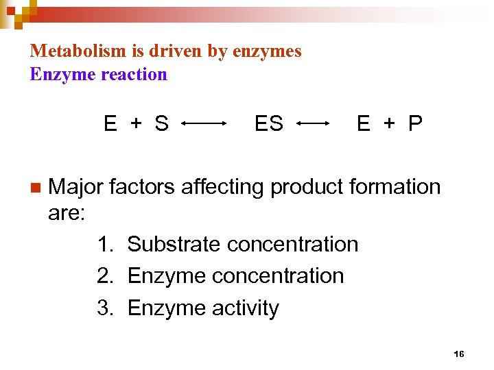 Metabolism is driven by enzymes Enzyme reaction E + S n ES E +