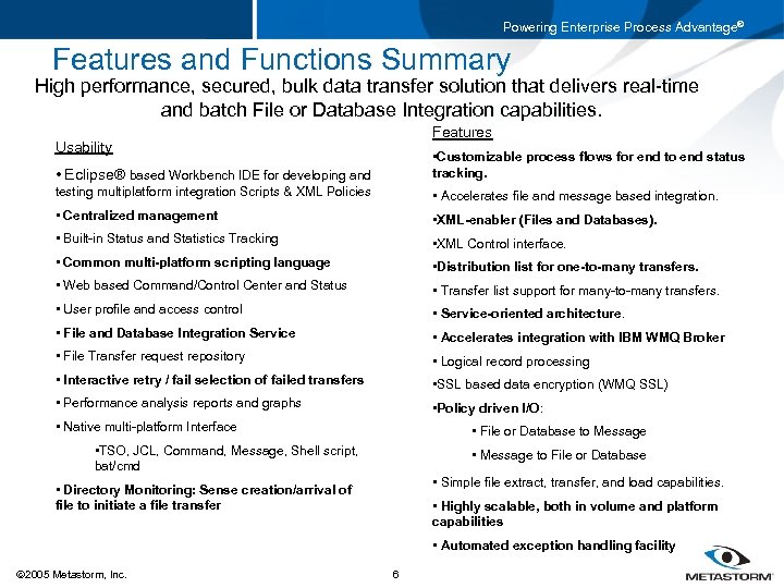 Powering Enterprise Process Advantage® Features and Functions Summary High performance, secured, bulk data transfer