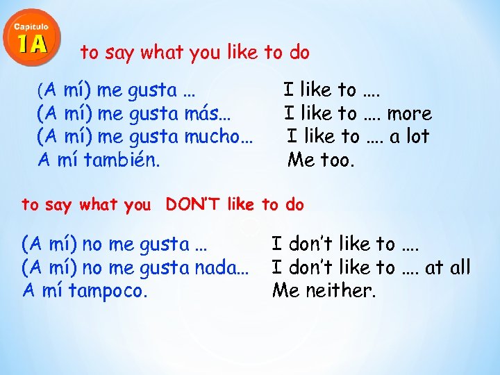 to say what you like to do (A mí) me gusta … (A mí)