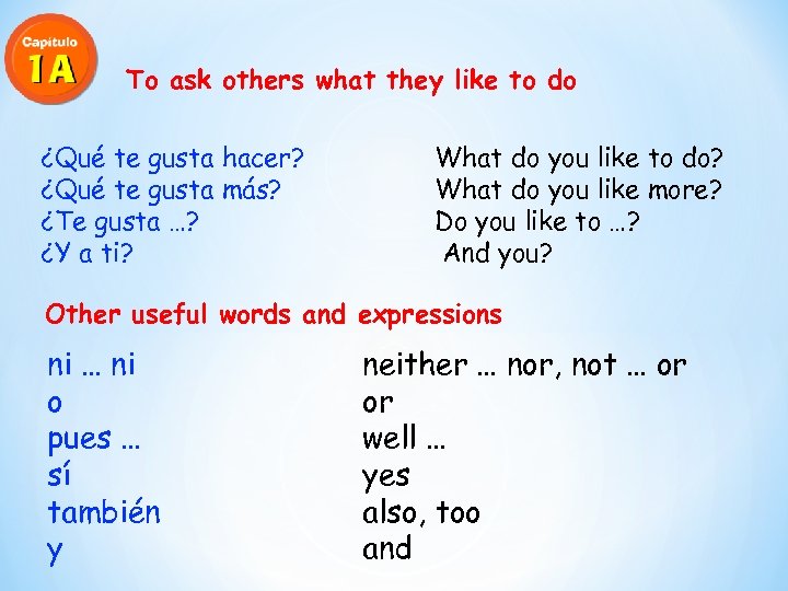 To ask others what they like to do ¿Qué te gusta hacer? ¿Qué te