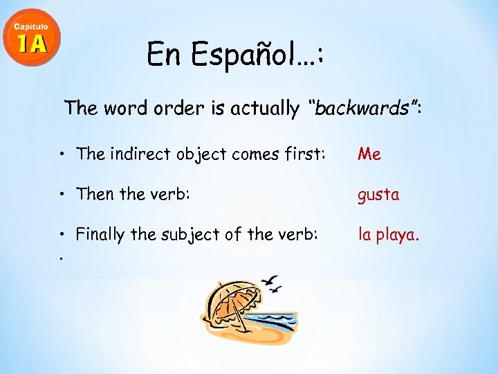 En Español…: The word order is actually “backwards”: • The indirect object comes first: