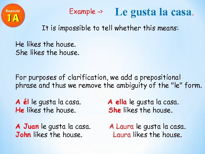 Example -> Le gusta la casa. It is impossible to tell whether this means:
