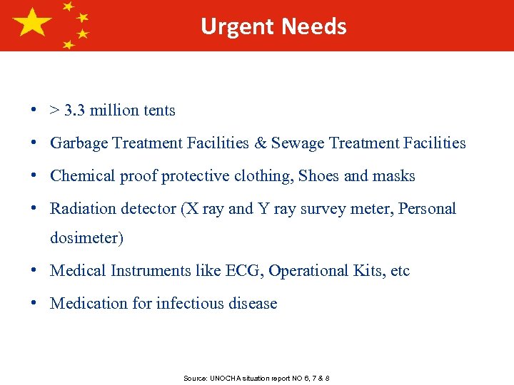 Urgent Needs • > 3. 3 million tents • Garbage Treatment Facilities & Sewage
