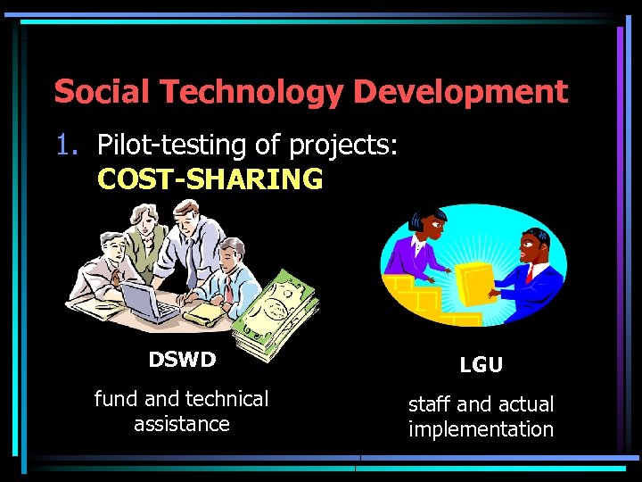 Social Technology Development 1. Pilot-testing of projects: COST-SHARING DSWD LGU fund and technical assistance