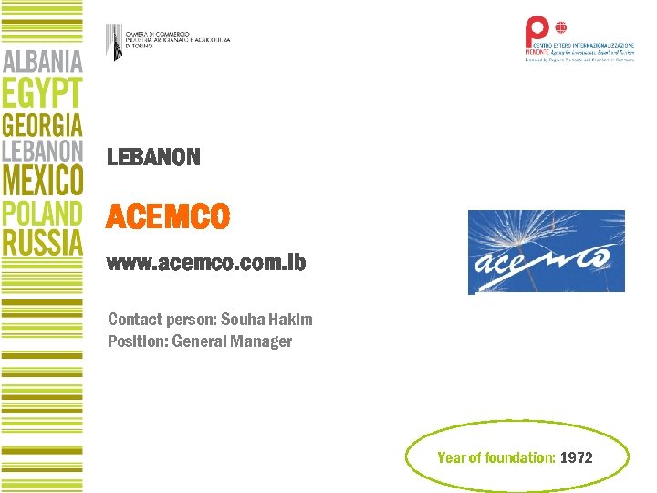 LEBANON ACEMCO www. acemco. com. lb Contact person: Souha Hakim Position: General Manager Year