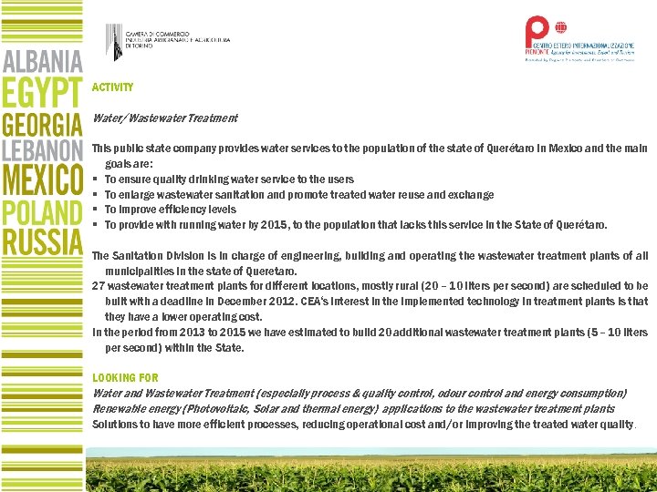 ACTIVITY Water/Wastewater Treatment This public state company provides water services to the population of