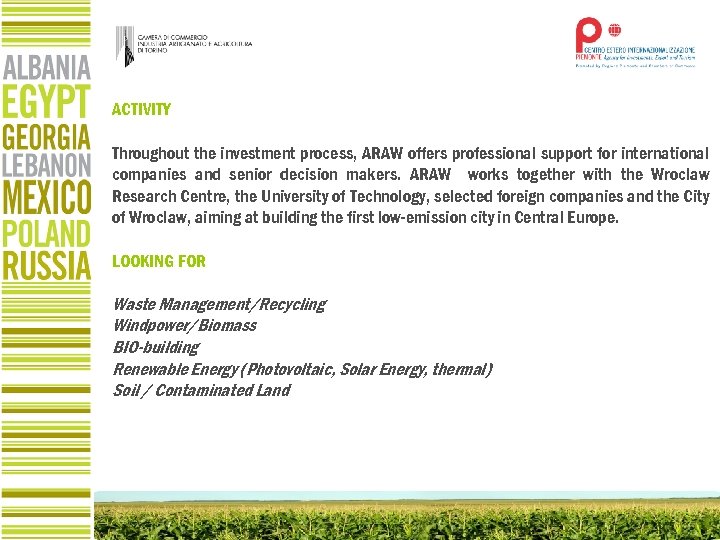 ACTIVITY Throughout the investment process, ARAW offers professional support for international companies and senior