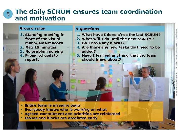 5 The daily SCRUM ensures team coordination and motivation 5 Questions 1. Standing meeting