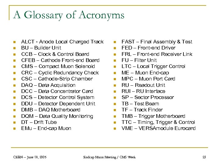 A Glossary of Acronyms n n n n ALCT - Anode Local Charged Track
