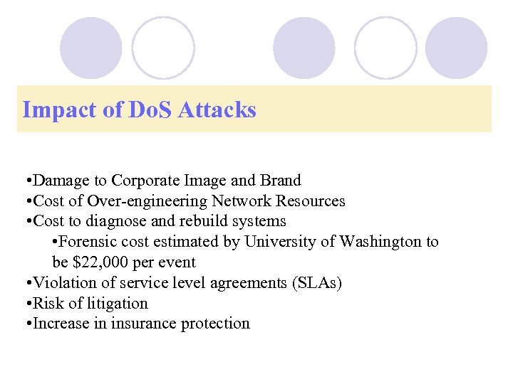 Impact of Do. S Attacks • Damage to Corporate Image and Brand • Cost