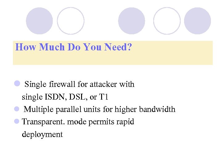 How Much Do You Need? l Single firewall for attacker with single ISDN, DSL,