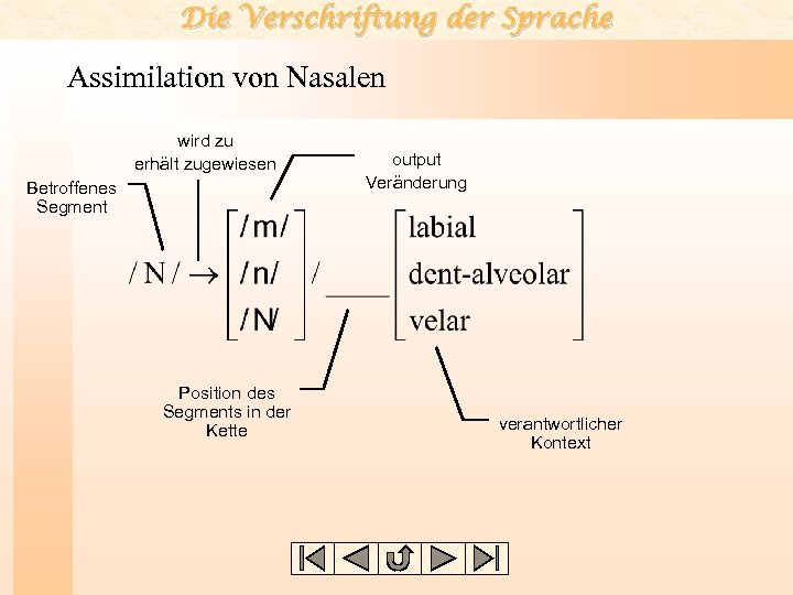 Die Verschriftung der Sprache Assimilation von Nasalen wird zu erhält zugewiesen Betroffenes Segment Position