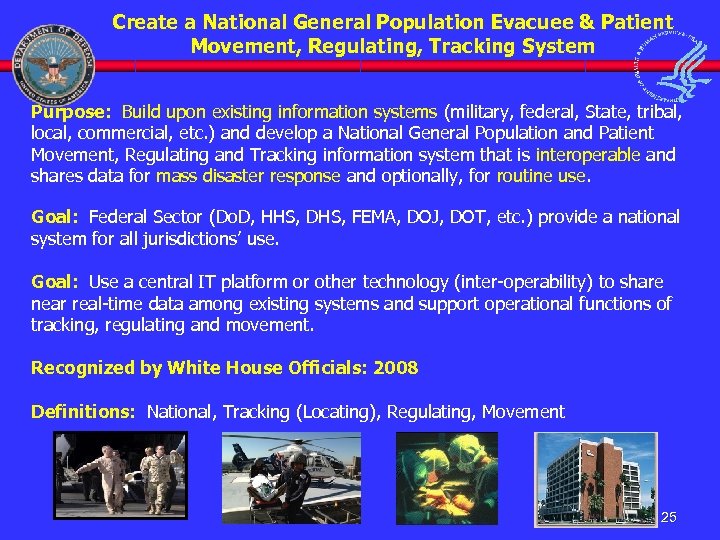 Create a National General Population Evacuee & Patient Movement, Regulating, Tracking System Purpose: Build