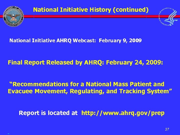 National Initiative History (continued) National Initiative AHRQ Webcast: February 9, 2009 Final Report Released