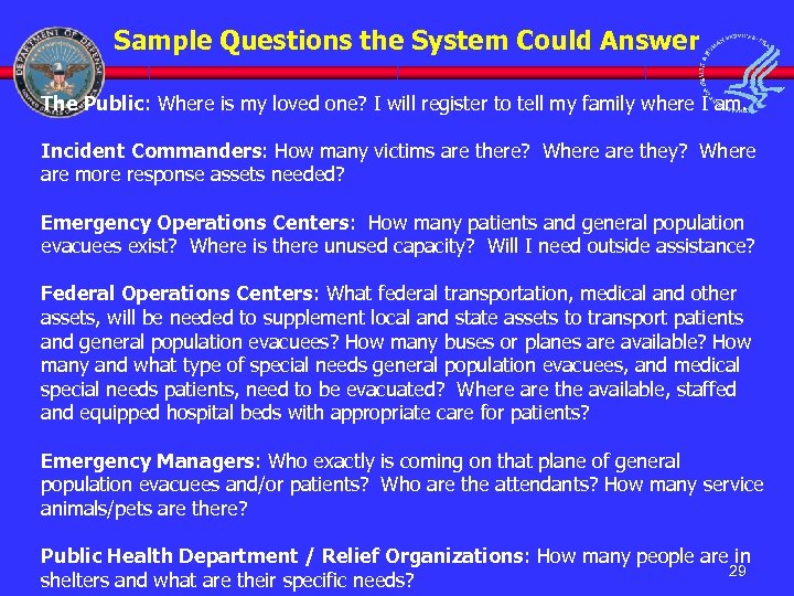 Sample Questions the System Could Answer The Public: Where is my loved one? I