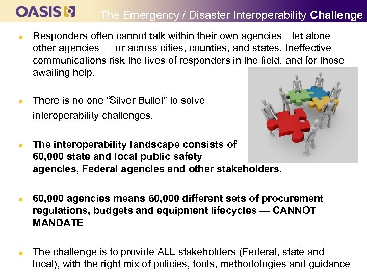 The Emergency / Disaster Interoperability Challenge n n n Responders often cannot talk within