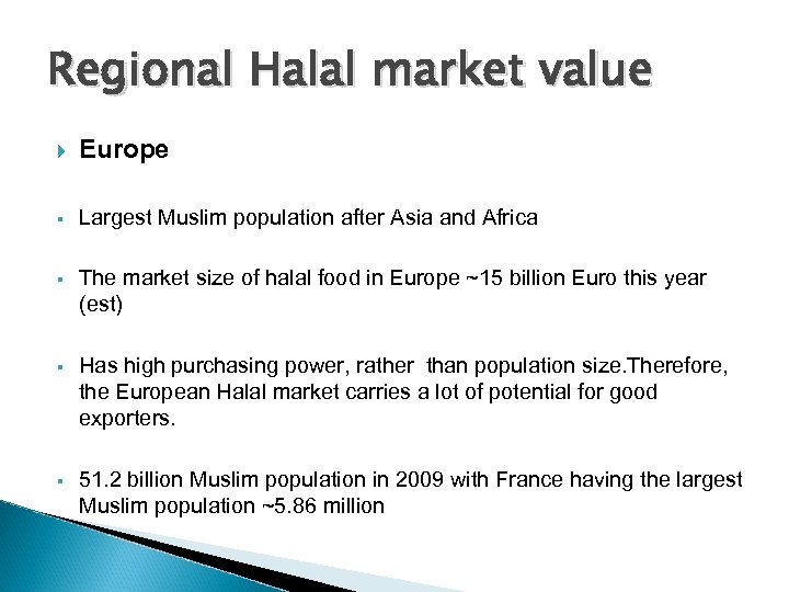 Regional Halal market value Europe § Largest Muslim population after Asia and Africa §