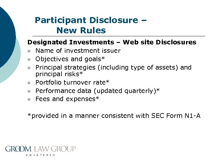 Participant Disclosure – New Rules Designated Investments – Web site Disclosures l Name of