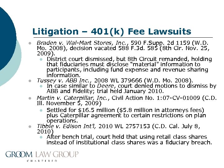 Litigation – 401(k) Fee Lawsuits l l Braden v. Wal-Mart Stores, Inc. , 590