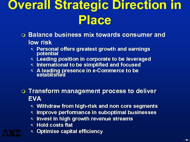 Overall Strategic Direction in Place m Balance business mix towards consumer and low risk