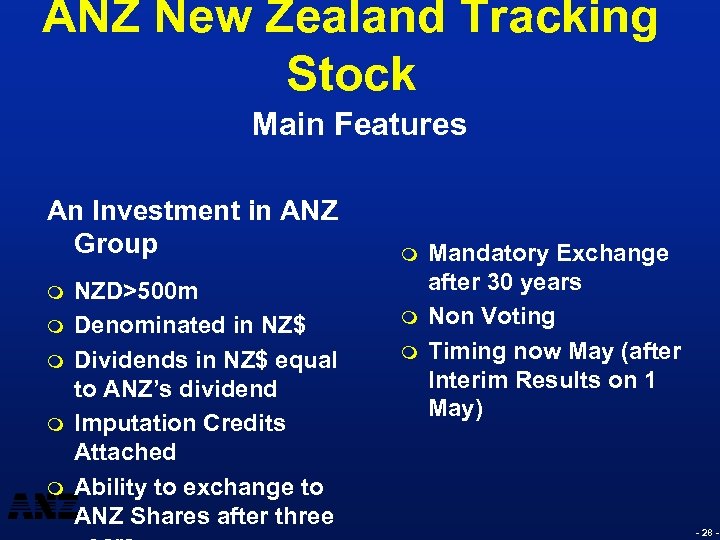 ANZ New Zealand Tracking Stock Main Features An Investment in ANZ Group m m