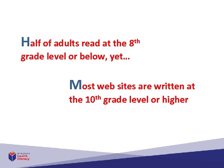 Half of adults read at the 8 th grade level or below, yet… Most
