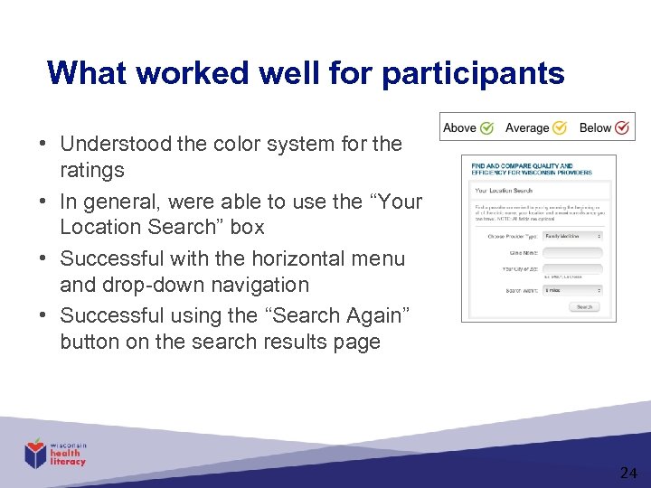 What worked well for participants • Understood the color system for the ratings •