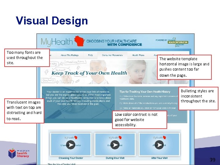 Visual Design Too many fonts are used throughout the site. Translucent images with text