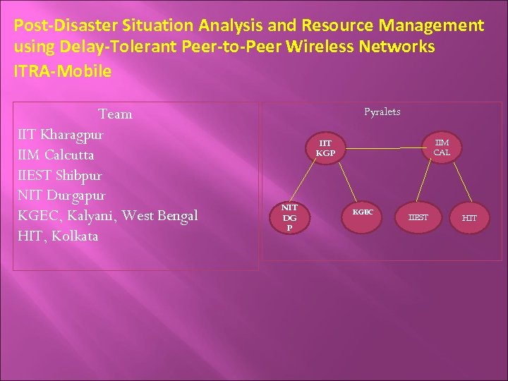 Post-Disaster Situation Analysis and Resource Management using Delay-Tolerant Peer-to-Peer Wireless Networks ITRA-Mobile Team IIT