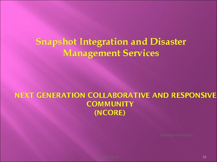 Snapshot Integration and Disaster Management Services NEXT GENERATION COLLABORATIVE AND RESPONSIVE COMMUNITY (NCORE) Feedback