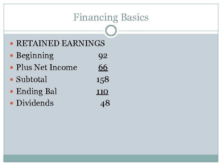 Financing Basics RETAINED EARNINGS Beginning Plus Net Income Subtotal Ending Bal Dividends 92 66
