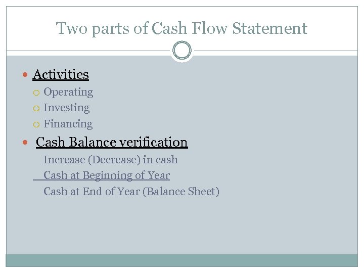 Two parts of Cash Flow Statement Activities Operating Investing Financing Cash Balance verification Increase