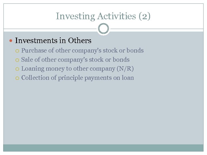 Investing Activities (2) Investments in Others Purchase of other company’s stock or bonds Sale