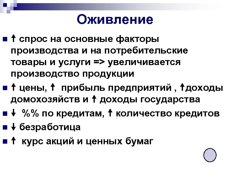 Оживление спрос на основные факторы производства и на потребительские товары и услуги => увеличивается
