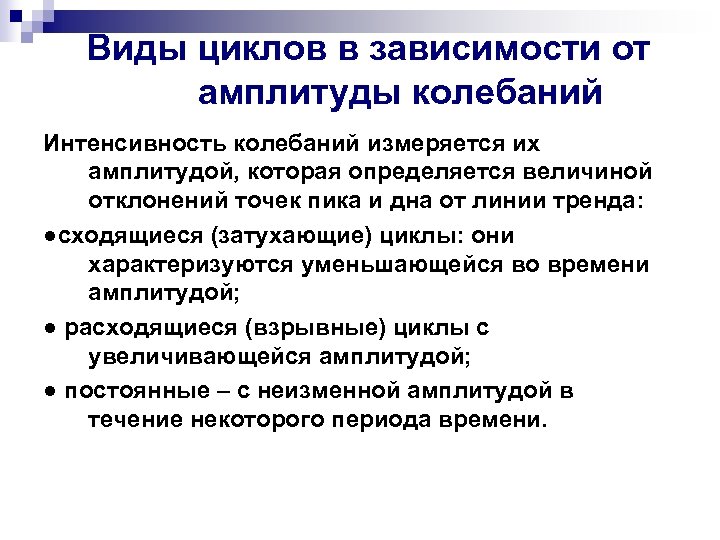 Виды циклов в зависимости от амплитуды колебаний Интенсивность колебаний измеряется их амплитудой, которая определяется