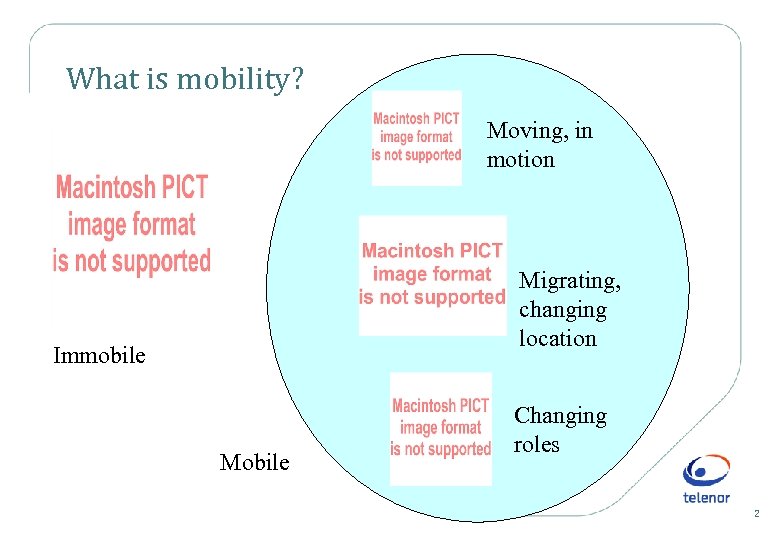 What is mobility? Moving, in motion Migrating, changing location Immobile Mobile Changing roles 2