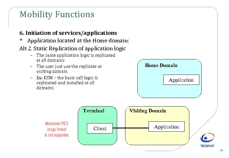 Mobility Functions 6. Initiation of services/applications • Application located at the Home domain: Alt