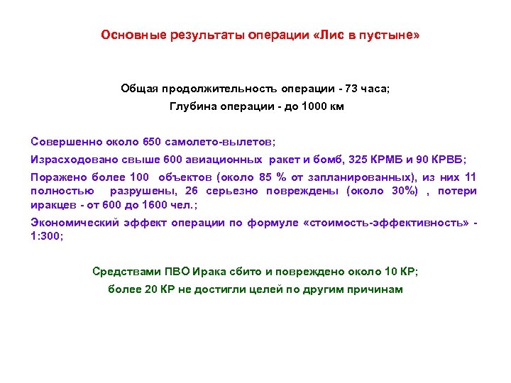 Основные результаты операции «Лис в пустыне» Общая продолжительность операции - 73 часа; Глубина операции