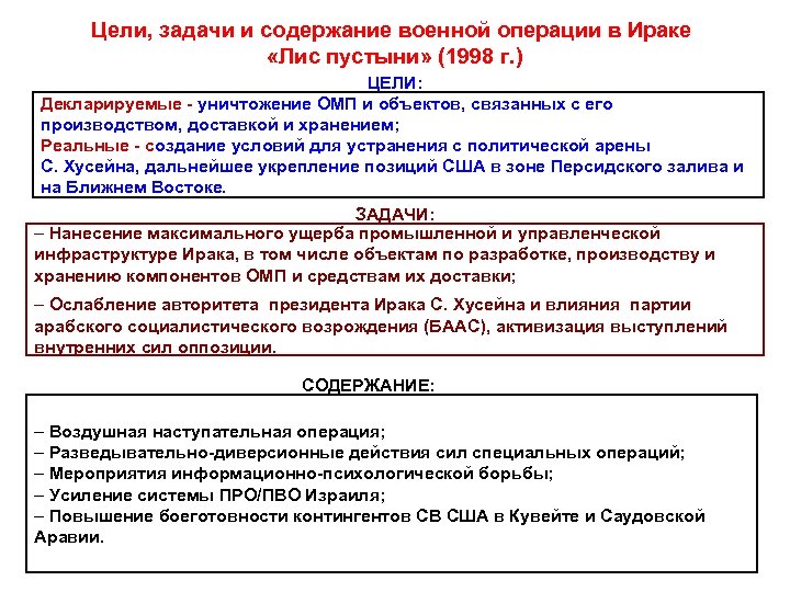 Цели, задачи и содержание военной операции в Ираке «Лис пустыни» (1998 г. ) ЦЕЛИ: