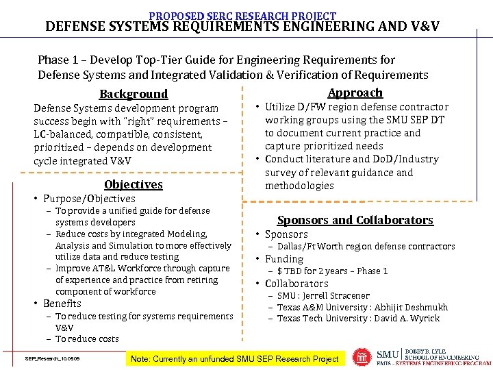 PROPOSED SERC RESEARCH PROJECT DEFENSE SYSTEMS REQUIREMENTS ENGINEERING AND V&V Phase 1 – Develop