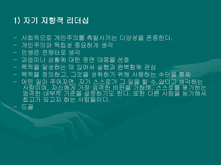 1) 자기 지향적 리더십 - 사회적으로 개인주의를 촉발시키는 다양성을 존중한다. 개인주의와 독립성 중요하게 생각