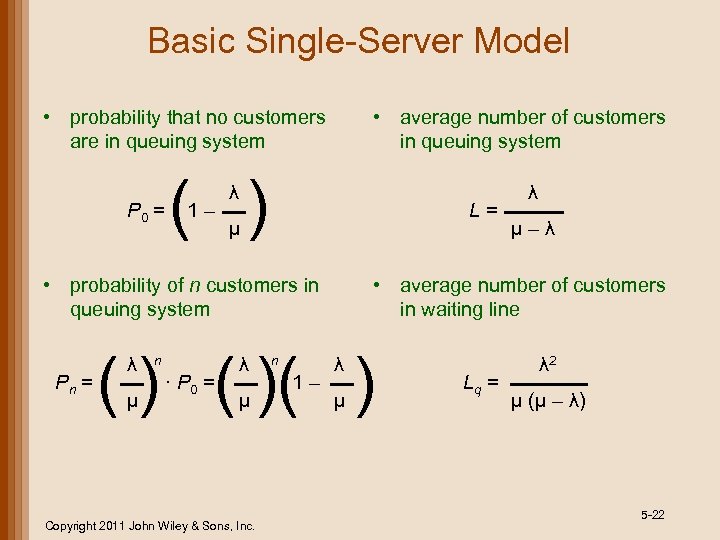 Basic Single-Server Model • average number of customers in queuing system • probability that