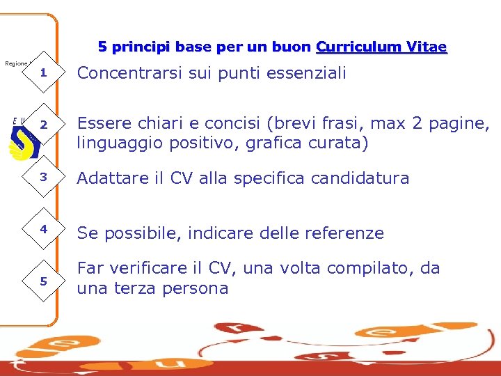 5 principi base per un buon Curriculum Vitae Regione Marche 1 Concentrarsi sui punti
