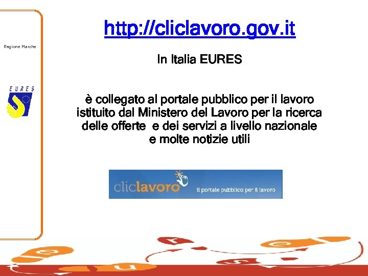 http: //cliclavoro. gov. it Regione Marche In Italia EURES è collegato al portale pubblico