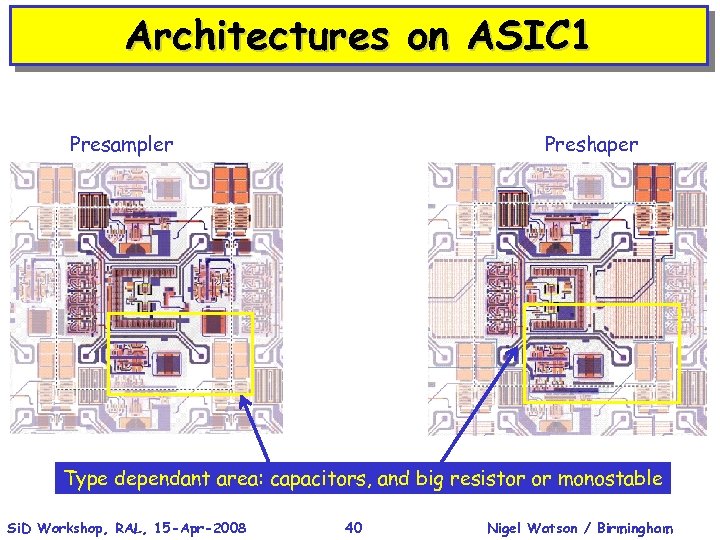 Architectures on ASIC 1 Presampler Preshaper Type dependant area: capacitors, and big resistor or