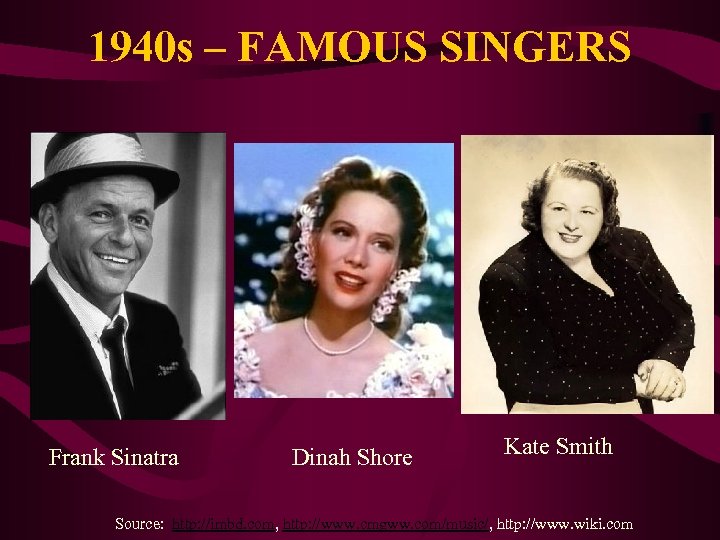 1940 s – FAMOUS SINGERS Frank Sinatra Dinah Shore Kate Smith Source: http: //imbd.